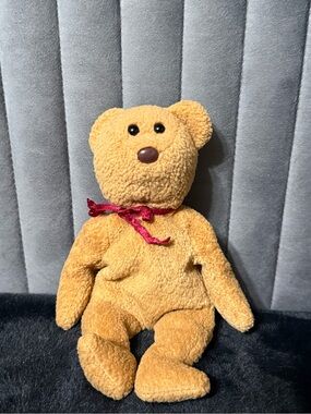 Plush Teddy Bear with Red Ribbon - Soft Tan Kids Toy